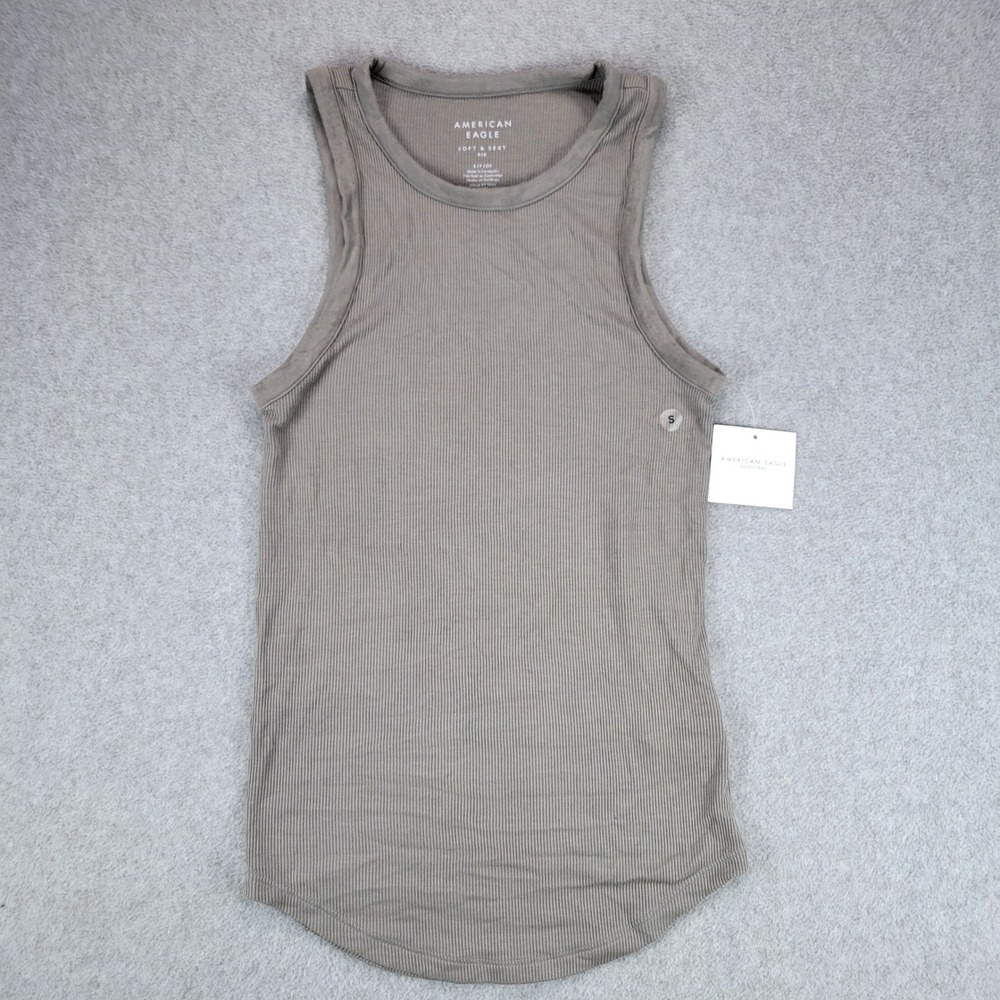 American Eagle Tank Top Women Small Taupe Soft & Sexy Ribbed Curved Hem Top